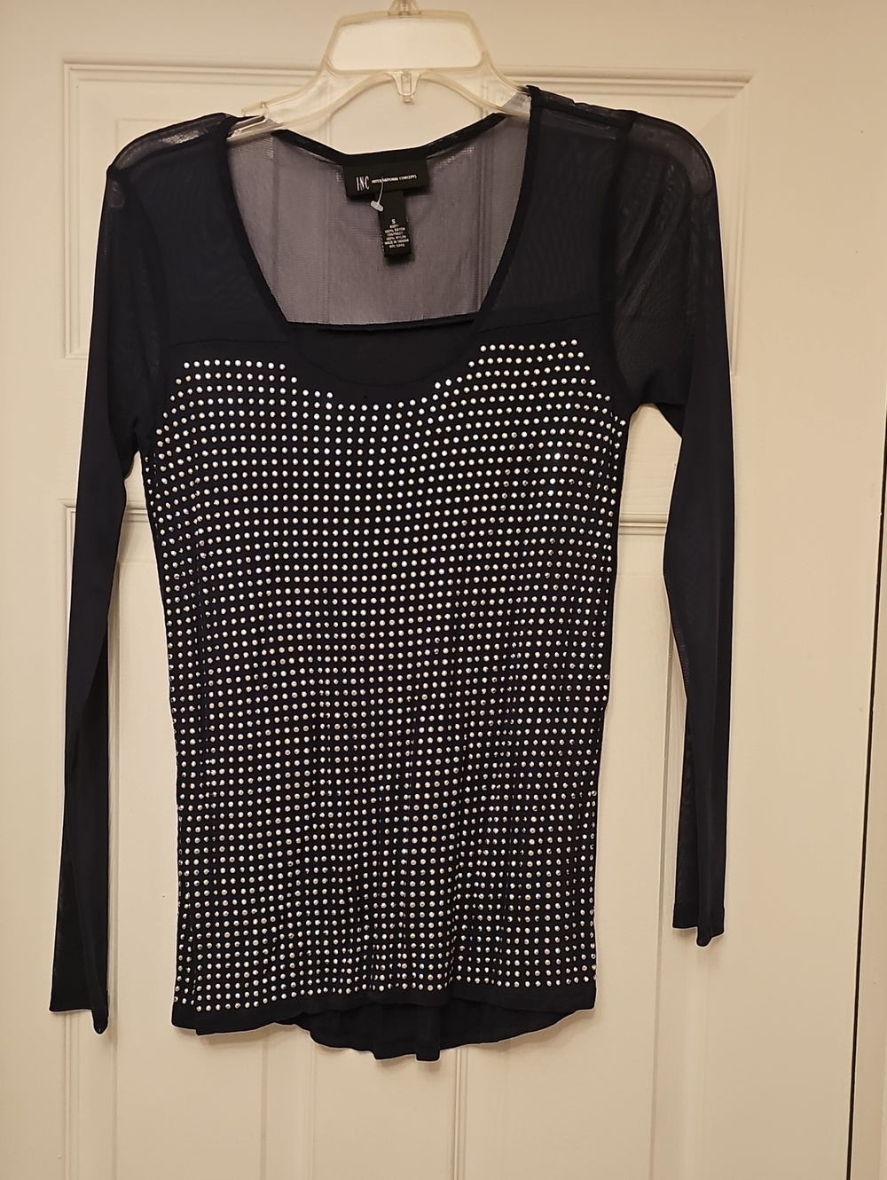 INC International Concepts Navy Long-Sleeve Mesh Top with Silver Studs